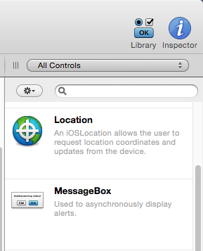 Control iOSLocation en el Panel Librería del IDE de Xojo.