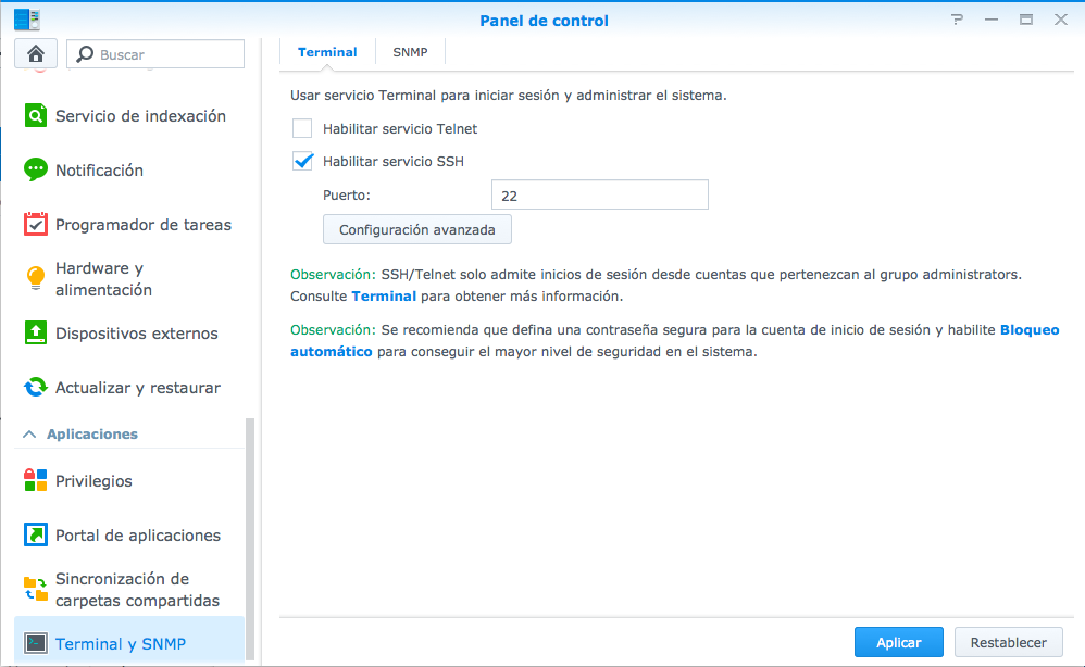 Habilitar Servicio SSH en Synolgy.