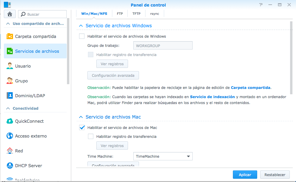 Opciones de Archivos para OS X y Windows en Synology