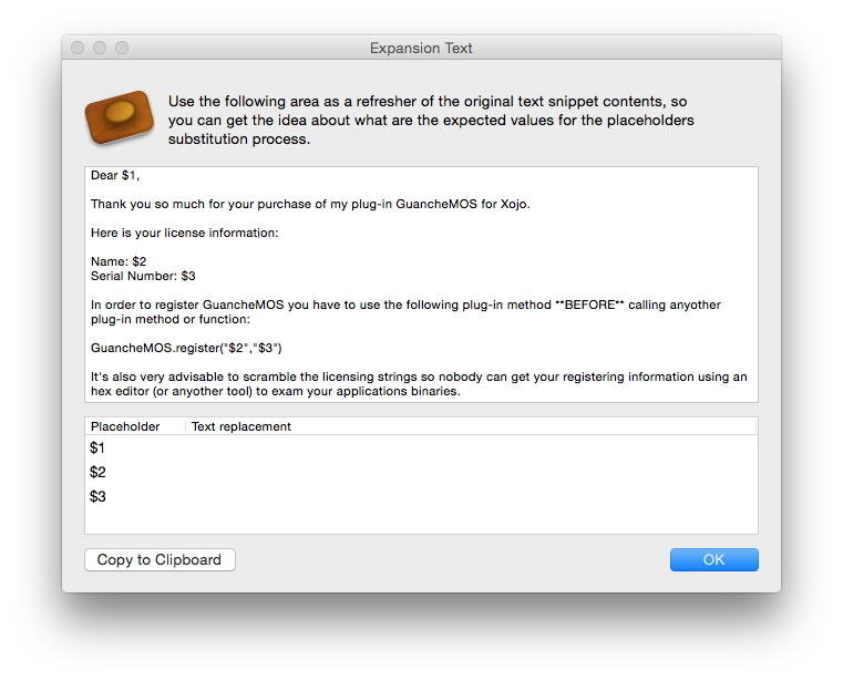 Snippery 1.1: Expander Window with placeholders
