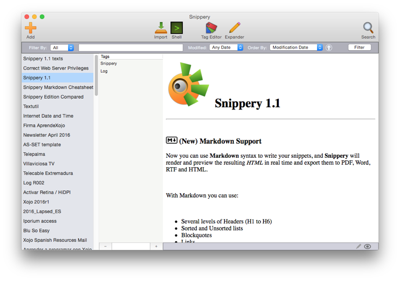 Snippery Main Window