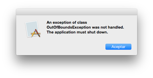 OutOfBoundsException mostrado como resultado de la no gestión de excepciones en programa Xojo